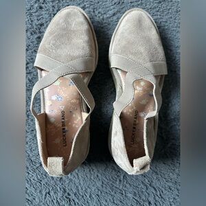 Lucky Brand Jennife Suede Comfort Platform Slip On Tan Dune Sea Grass